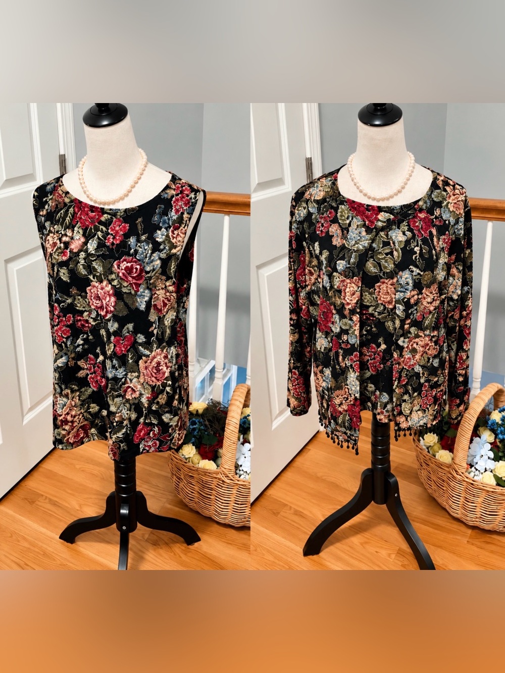 Dress Barn Black Velvet like Floral Top with Burgundy & Gold Accents. Size 14-16
